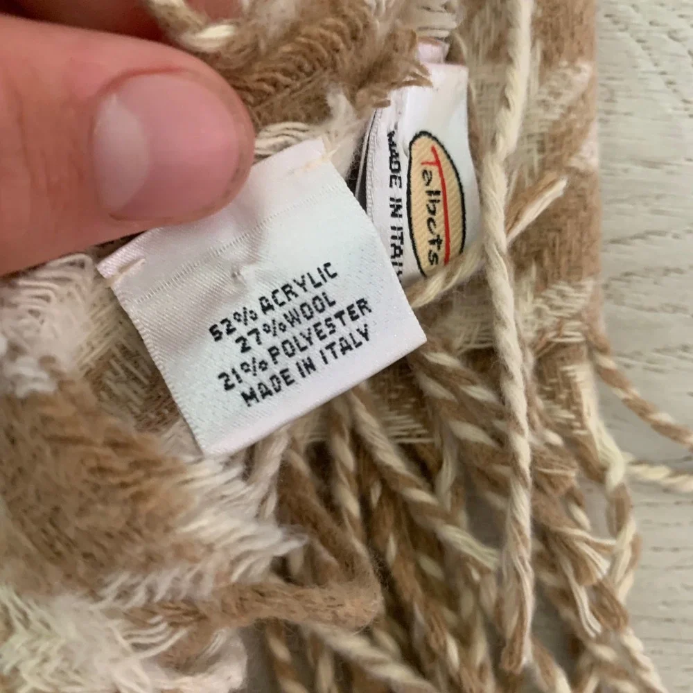 Talbots Houndstooth Wool Blend Scarf Tan Cream Made in Italy Fringe Trim